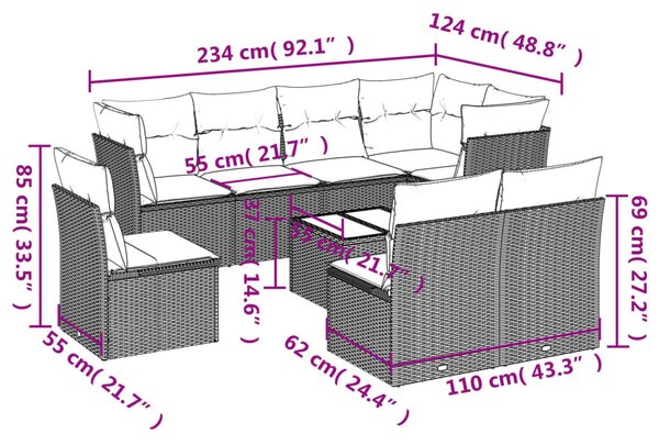 9 részes fekete polyrattan kerti ülőgarnitúra párnákkal