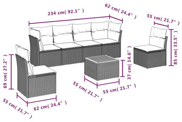 7 részes fekete polyrattan kerti ülőgarnitúra párnával