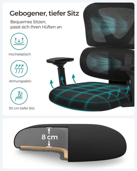 SONGMICS OBN064B01 Ergonomikus Hálós Irodai Szék Állítható Deréktámasszal Fekete