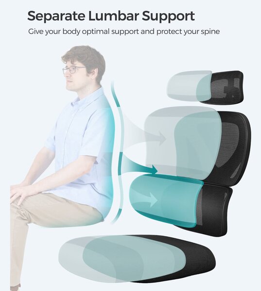 SONGMICS OBN064B01 Ergonomikus Hálós Irodai Szék Állítható Deréktámasszal Fekete