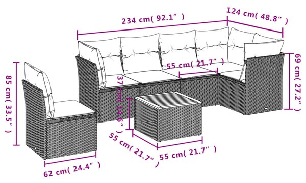 7 részes bézs polyrattan kerti ülőgarnitúra párnákkal