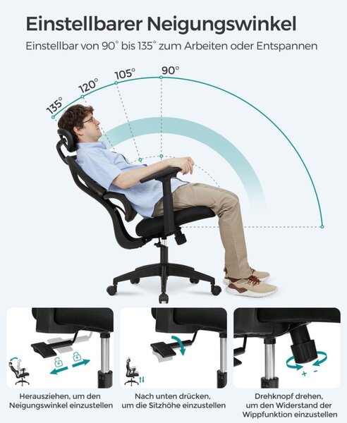 SONGMICS OBN064B01 Ergonomikus Hálós Irodai Szék Állítható Deréktámasszal Fekete