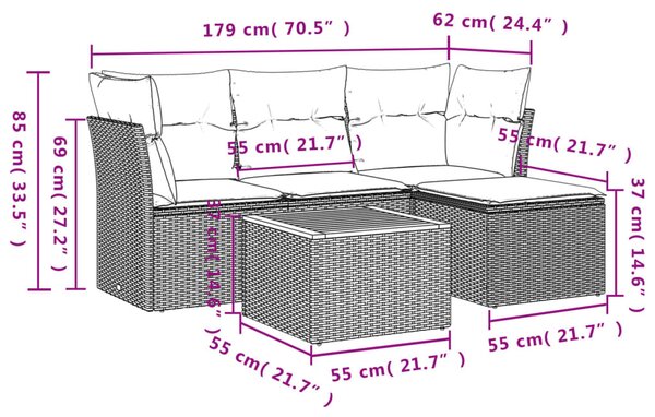 5 részes szürke polyrattan kerti ülőgarnitúra párnákkal