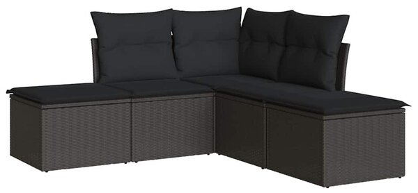 5 részes fekete polyrattan kerti kanapészett párnákkal