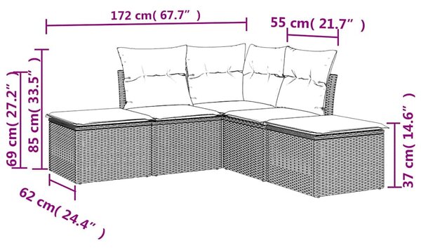 5 részes fekete polyrattan kerti kanapészett párnákkal