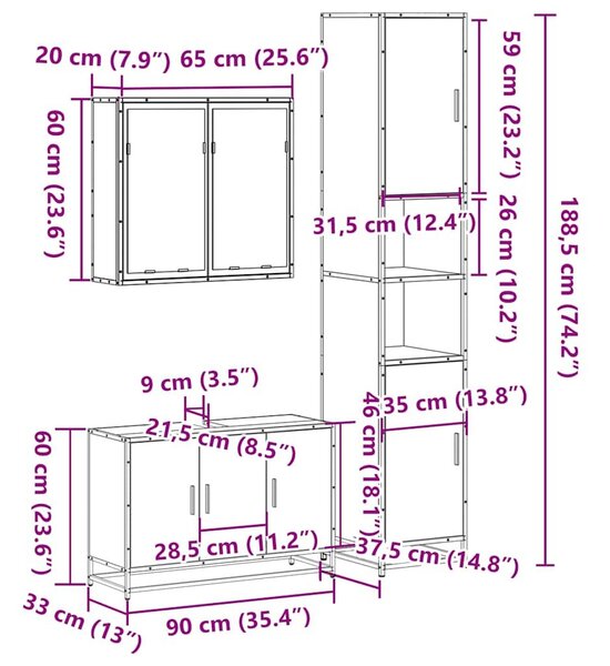 VidaXL 3 részes sonoma tölgyszínű szerelt fa fürdőszobai bútorszett