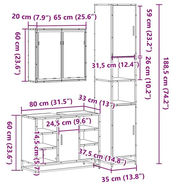 VidaXL 3 részes sonoma tölgyszínű szerelt fa fürdőszobai bútorszett