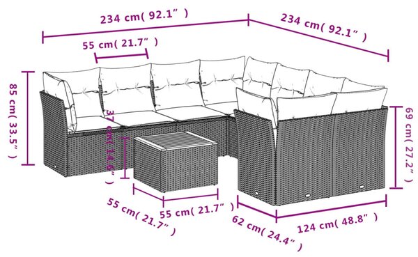 9 részes fekete polyrattan kerti ülőgarnitúra párnákkal