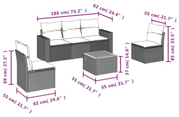 6 részes fekete polyrattan kerti ülőgarnitúra párnákkal