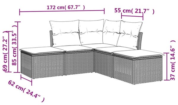 5 részes fekete polyrattan kerti kanapészett párnákkal