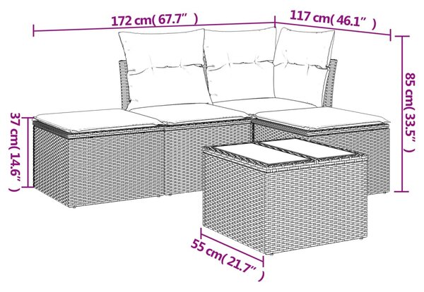5 részes fekete polyrattan kerti kanapészett párnákkal