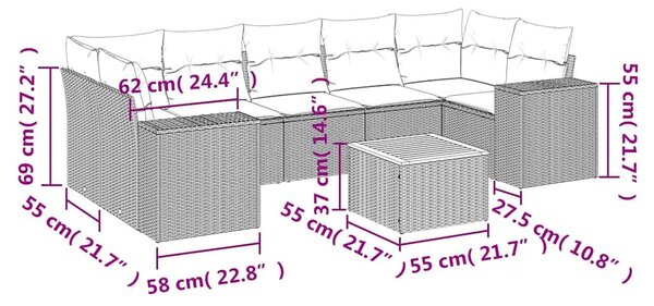 8 részes fekete polyrattan kerti ülőgarnitúra párnákkal