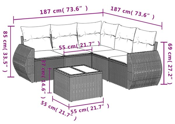 6 részes fekete polyrattan kerti ülőgarnitúra párnákkal