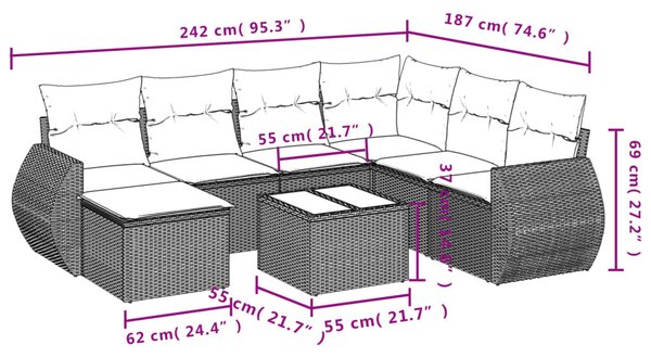 8 részes bézs polyrattan kerti ülőgarnitúra párnával