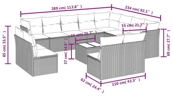13 részes fekete polyrattan kerti ülőgarnitúra párnákkal