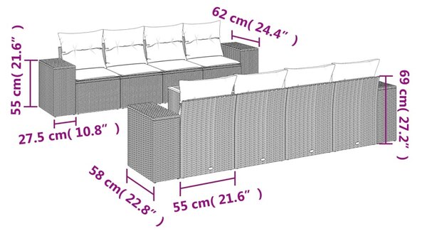 9 részes bézs polyrattan kerti ülőgarnitúra párnákkal