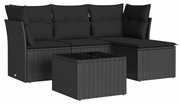 5 részes fekete polyrattan kerti kanapészett párnákkal