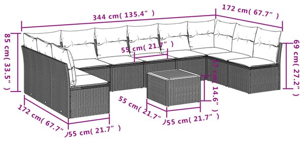 11 részes szürke polyrattan kerti ülőgarnitúra párnákkal