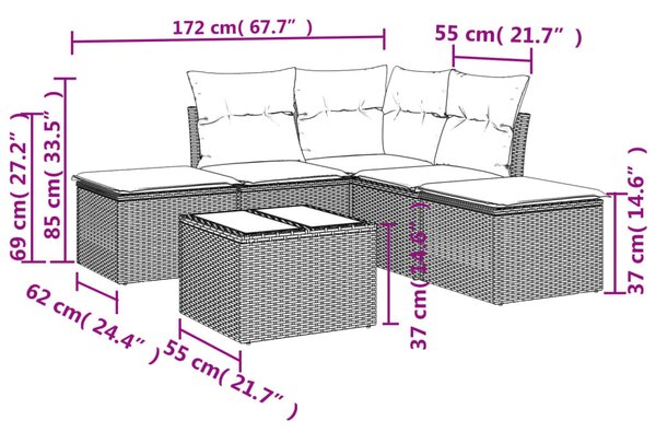 6 részes fekete polyrattan kerti ülőgarnitúra párnákkal