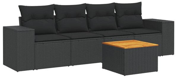 5 részes fekete polyrattan kerti kanapészett párnákkal