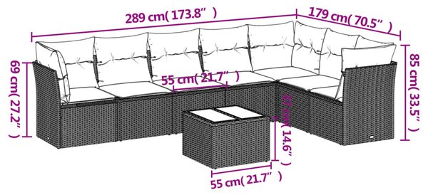8 részes fekete polyrattan kerti ülőgarnitúra párnákkal