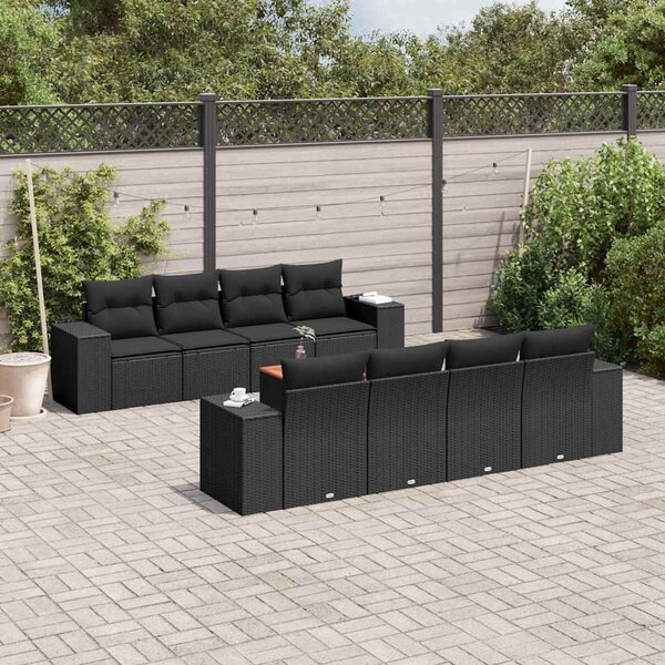9 részes fekete polyrattan kerti ülőgarnitúra párnákkal
