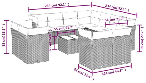 12 részes szürke polyrattan kerti ülőgarnitúra párnákkal