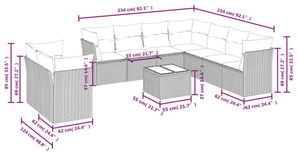 10 részes szürke polyrattan kerti ülőgarnitúra párnákkal