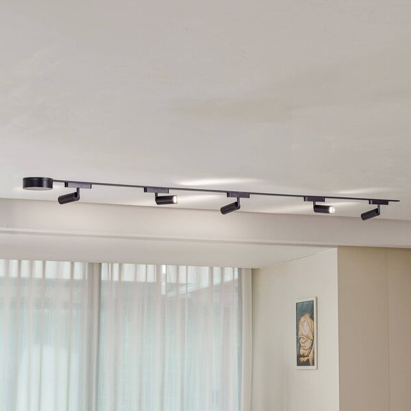 Lindby Sínrendszer 48V Lumaro spotlámpák 5 izzós fekete Ø 4cm dimmelhető, dimmelhető, Fekete, Nappali / Étkező, fém, Modern