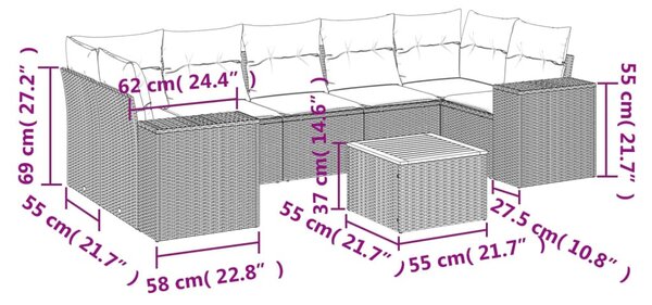 8 részes fekete polyrattan kerti ülőgarnitúra párnákkal