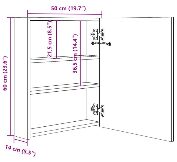 VidaXL fehér-tölgyszínű LED-es tükrös fürdőszobaszekrény 50x14x60 cm