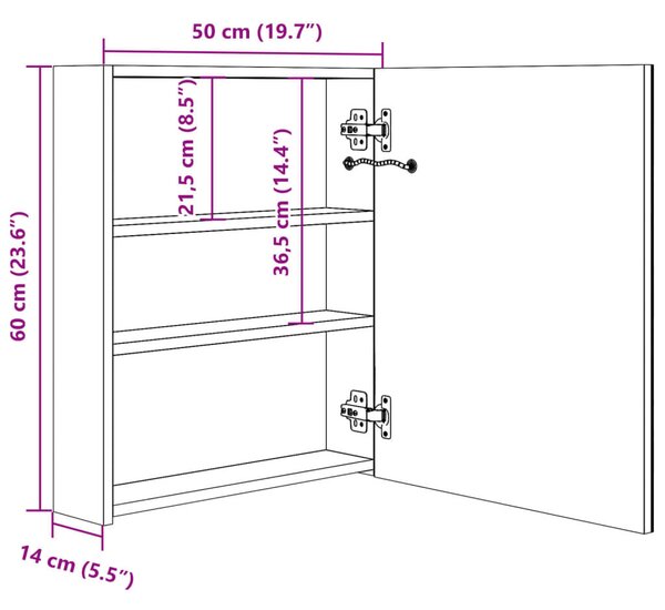 VidaXL fekete LED-es tükrös fürdőszobaszekrény 50 x 14 x 60 cm