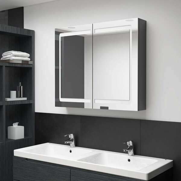VidaXL fényes szürke LED-es tükrös fürdőszobaszekrény 80 x 12 x 68 cm