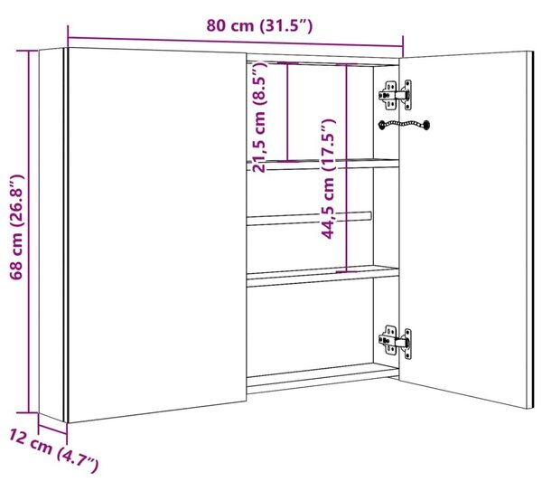 VidaXL fényes szürke LED-es tükrös fürdőszobaszekrény 80 x 12 x 68 cm
