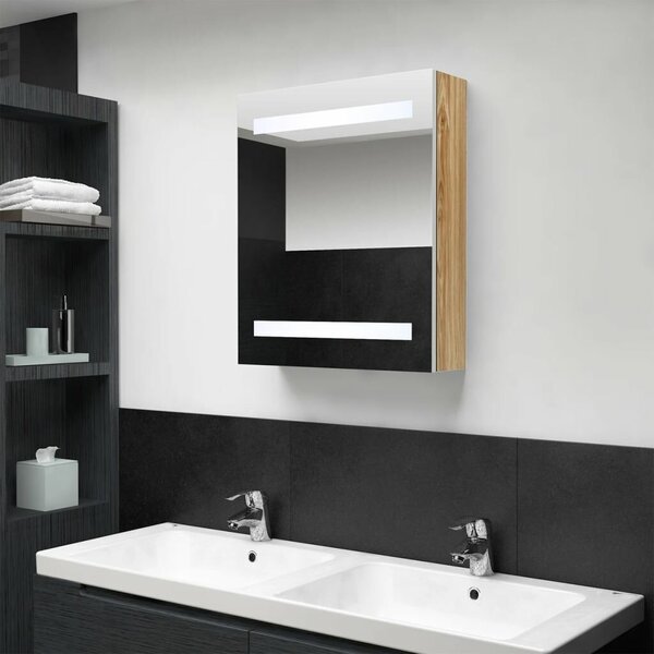 VidaXL fehér-tölgyszínű LED-es tükrös fürdőszobaszekrény 50x14x60 cm
