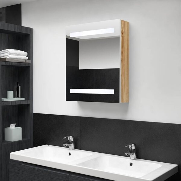 VidaXL fehér-tölgyszínű LED-es tükrös fürdőszobaszekrény 50x14x60 cm