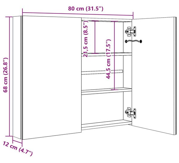 VidaXL fényes szürke LED-es tükrös fürdőszobaszekrény 80 x 12 x 68 cm