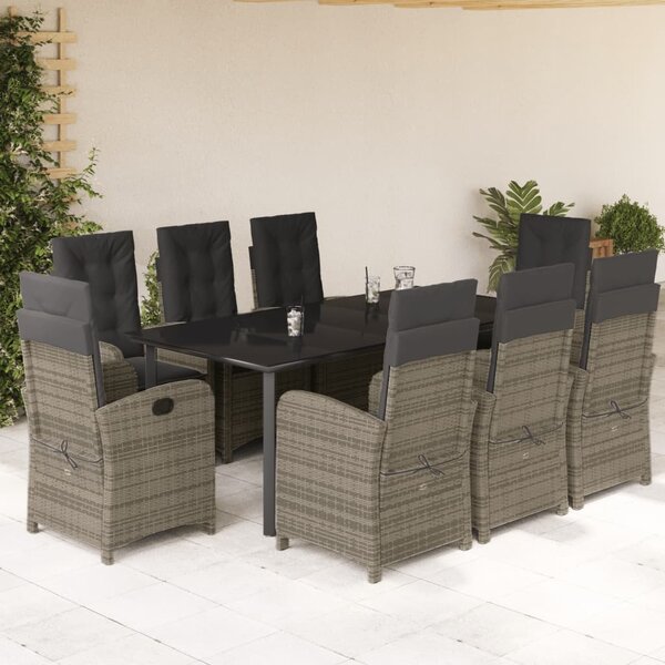 9 részes szürke polyrattan kerti étkezőgarnitúra párnával