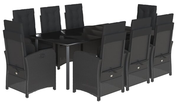 9 részes fekete polyrattan kerti étkezőgarnitúra párnákkal