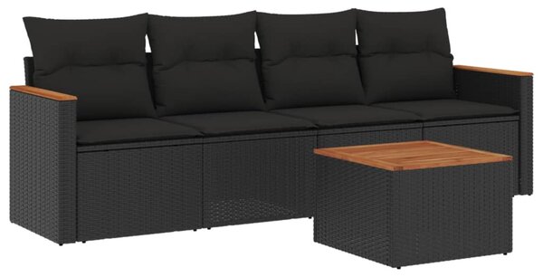 5 részes fekete polyrattan kerti kanapészett párnákkal