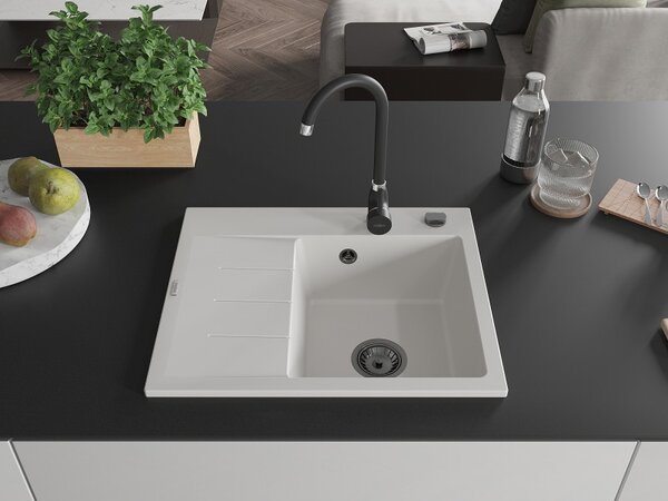 Mexen Ben, 1 kamrás gránit mosogató 600x500x190 mm, jobb + fekete szifon, fehér, 6523605000-20-B
