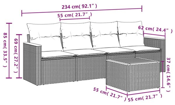 5 részes fekete polyrattan kerti kanapészett párnákkal