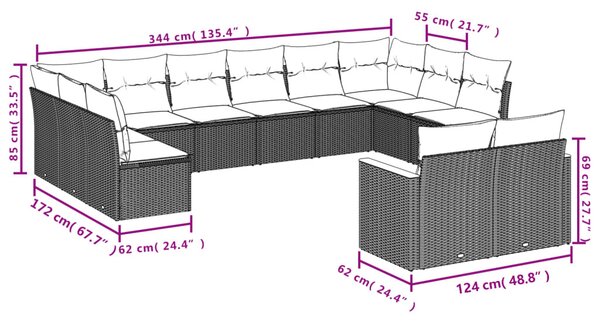 12 részes szürke polyrattan kerti ülőgarnitúra párnákkal
