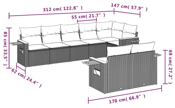8 részes bézs polyrattan kerti ülőgarnitúra párnával