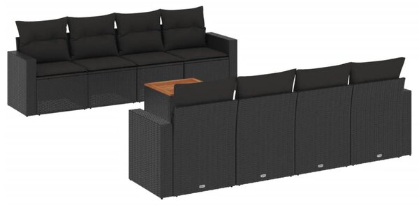 9 részes fekete polyrattan kerti ülőgarnitúra párnákkal