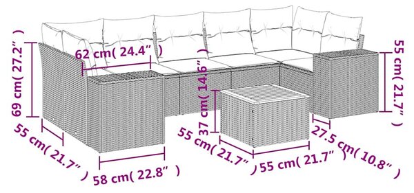 8 részes fekete polyrattan kerti ülőgarnitúra párnákkal