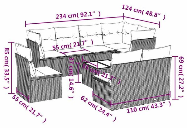 9 részes fekete polyrattan kerti ülőgarnitúra párnákkal