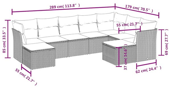 9 részes fekete polyrattan kerti ülőgarnitúra párnákkal