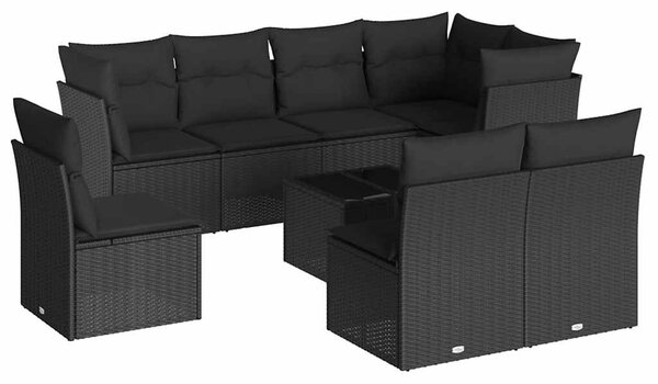 9 részes fekete polyrattan kerti ülőgarnitúra párnákkal