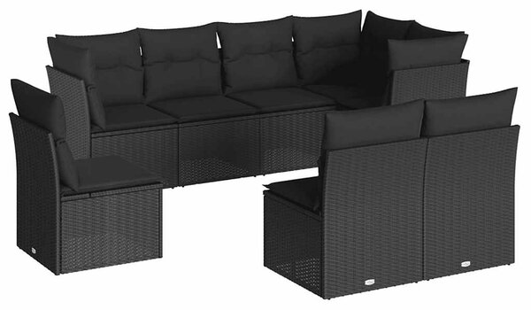8 részes fekete polyrattan kerti ülőgarnitúra párnákkal